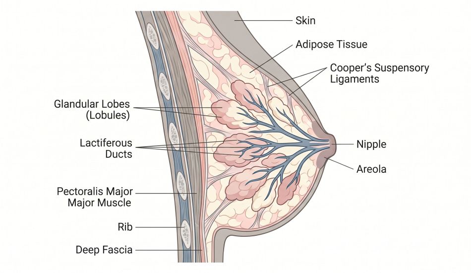 Detailed anatomical cross-section illustration of the female breast showing lobules, ducts, fatty tissue and Cooper's ligaments