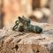 Weathered Roman bronze protective charm on stone, symbol against the evil eye in ancient Rome