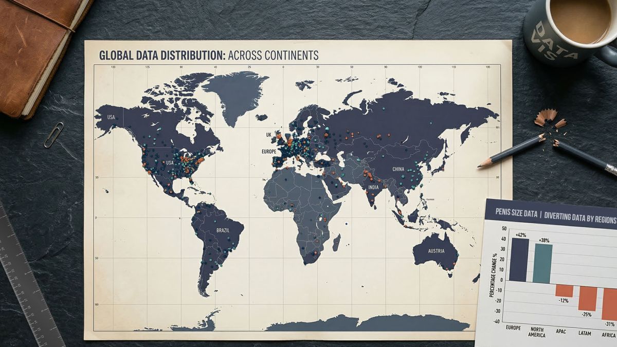A world map with regional data points and a split measuring tape, representing ethnic and geographic gaps in the Veale 2015 penile size meta-analysis.