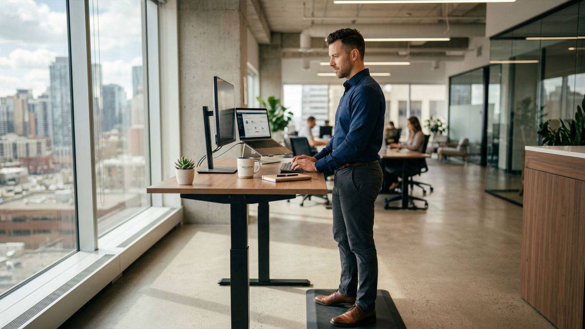 Professional man using a standing desk to improve pelvic circulation and posture during work hours.
