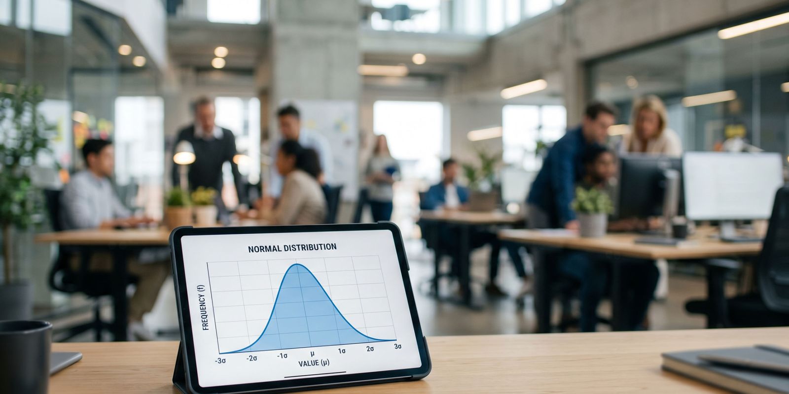 A modern office with a tablet showing a bell curve chart.