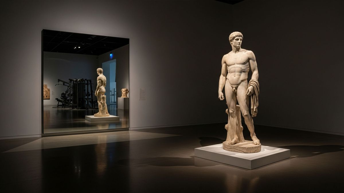 Estatua masculina clásica y espejo de gimnasio mostrando la construcción cultural del cuerpo ideal