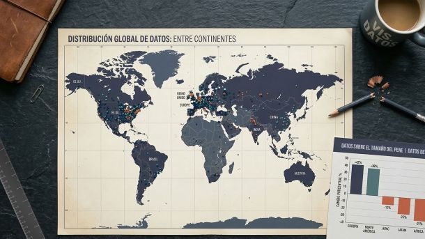 Mapa mundial con puntos de datos regionales y una cinta métrica dividida que representa las brechas étnicas y geográficas en el meta-análisis del tamaño del pene de Veale 2015.