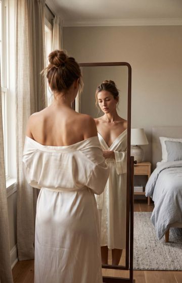 Atmospheric photo of a pensive person looking at their reflection, illustrating the concept of self-perception and body image.
