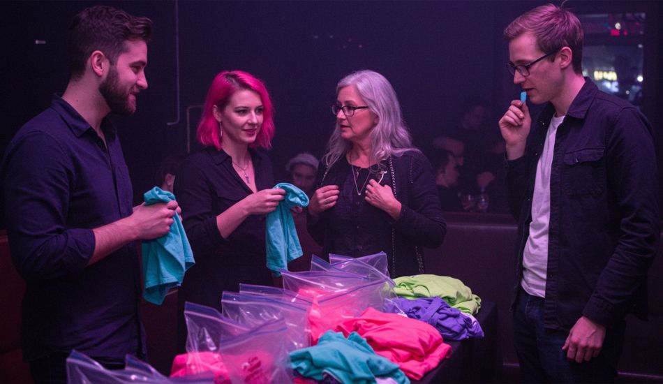 Men and women at a pheromone party smelling T-shirts and meeting through scent-based matchmaking.