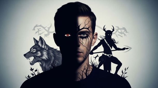 Retrato editorial: hombre medio en sombra con motivos sutiles de lobo y siluetas lobunas — simbólico del deseo y la transformación.
