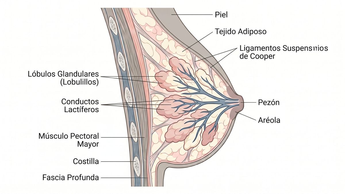 Ilustración anatómica detallada en sección transversal de la mama femenina que muestra lobulillos, conductos, tejido graso y ligamentos de Cooper