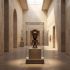 Vitrina de museo con un objeto ceremonial de África Occidental que ilustra la antropología de la modificación genital femenina y el significado ritual del cuerpo.
