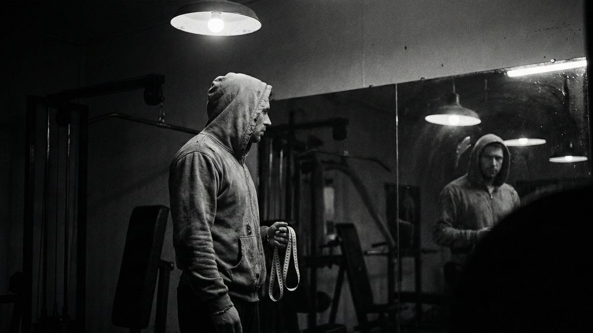 A man examining his reflection, symbolizing the pressure of male physical statistics.