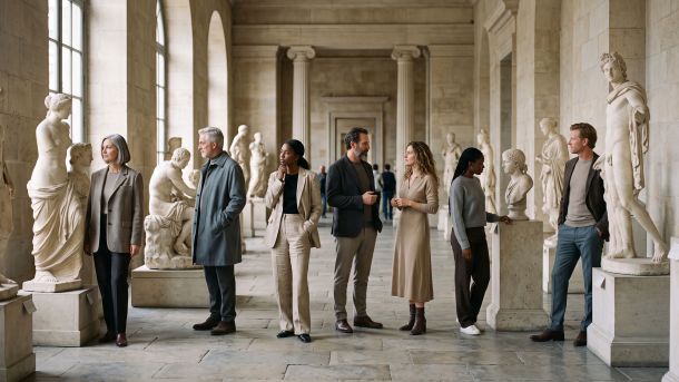 grupo diverso entre esculturas clásicas que ilustra las actitudes culturales hacia el tamaño corporal y el estatus social