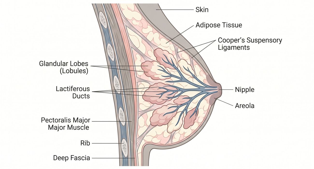 Detailed anatomical cross-section illustration of the female breast showing lobules, ducts, fatty tissue and Cooper's ligaments