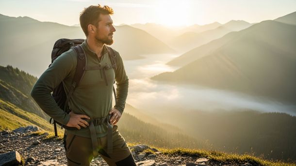 Hombre de pie en un sendero de montaña al amanecer reflexionando sobre su salud y fertilidad
