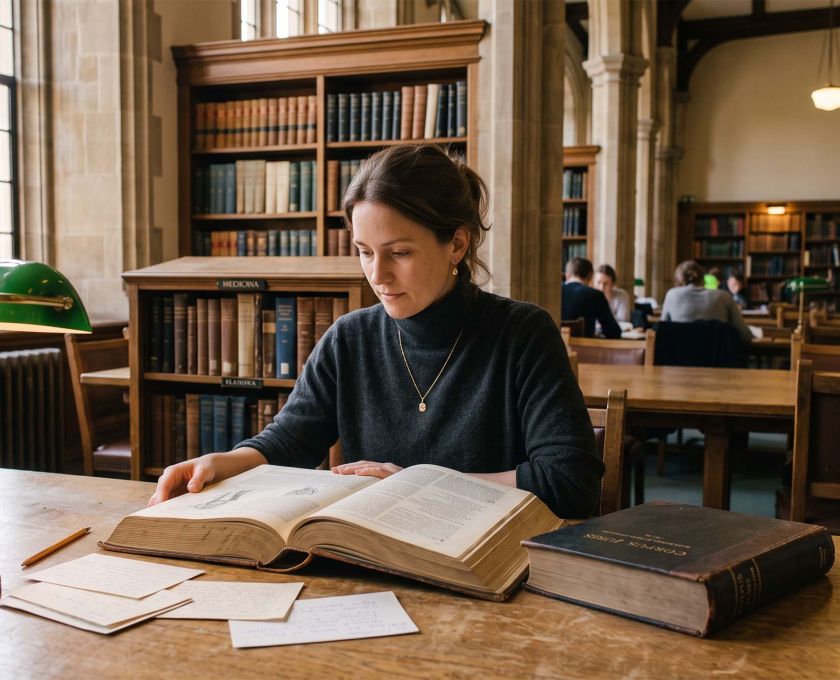 A woman studying an open Latin anatomical lexicon in a library reading room, illustrating the origin and correct use of the term vulva