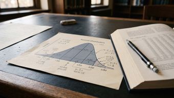 A hand-annotated statistical distribution curve on a reading room table beside a steel rule and an open journal