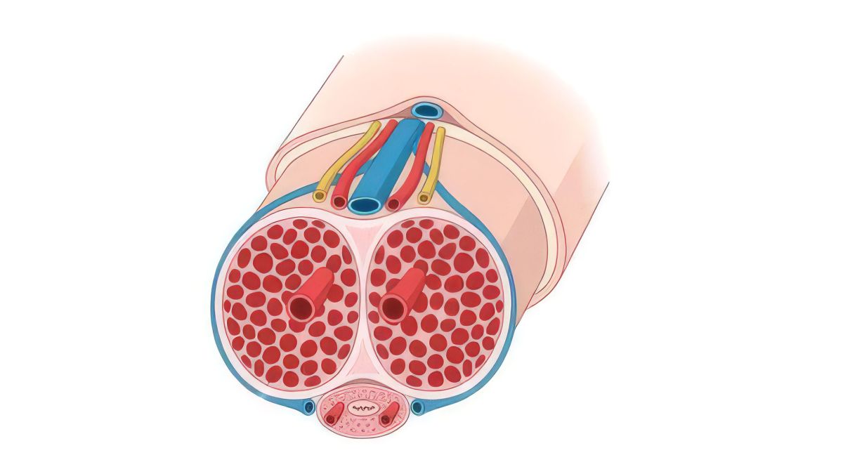 Clinical cross-section of the penis showing corpora cavernosa, corpus spongiosum, urethra, and key blood vessels