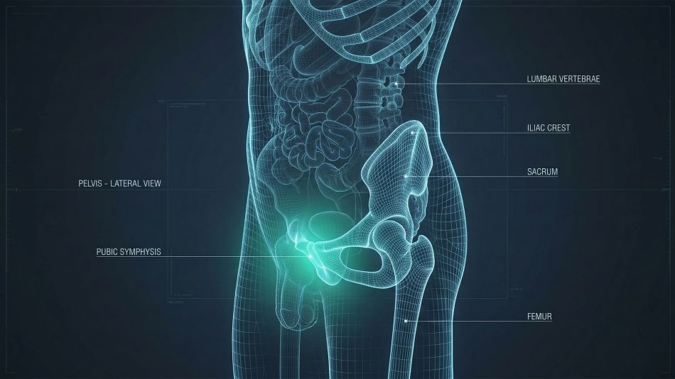 Ilustración médica de una pelvis masculina destacando la zona suprapúbica y la alineación pélvica.