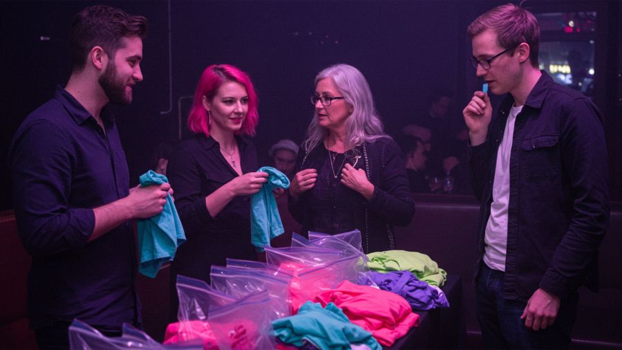 Men and women at a pheromone party smelling T-shirts and meeting through scent-based matchmaking.