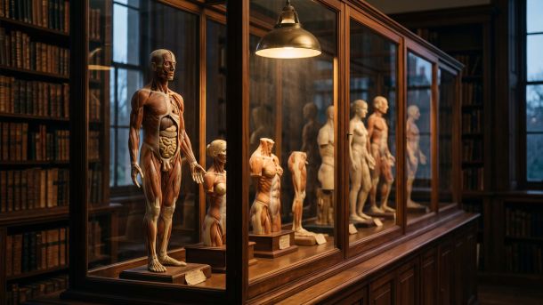 Modelos didácticos del desarrollo humano del siglo XIX en una vitrina iluminada de biblioteca que ilustran la anatomía embrionaria