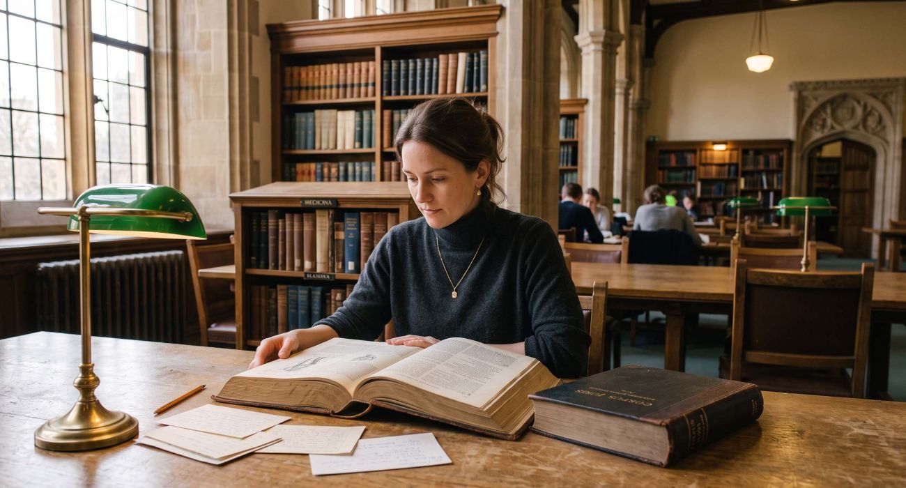 A woman studying an open Latin anatomical lexicon in a library reading room, illustrating the origin and correct use of the term vulva
