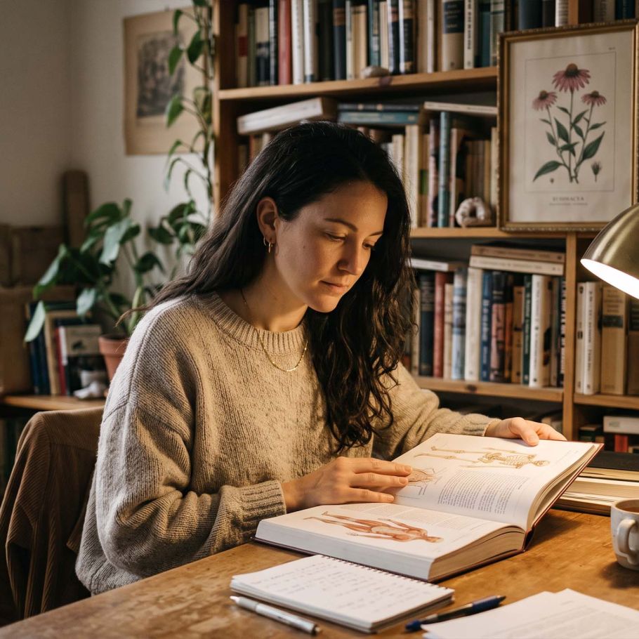 A woman reading an open anatomy reference book at a desk in warm lamplight, illustrating a guide to female external anatomy