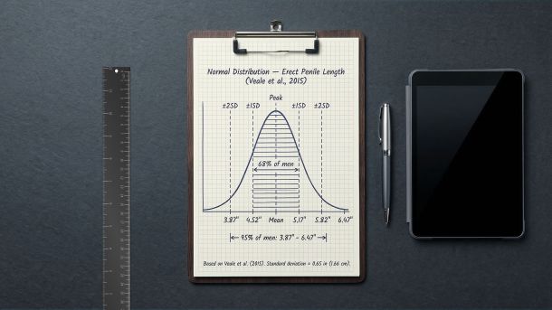 A steel ruler beside a clipboard showing a statistical bell curve — representing clinical data from the 2015 penile size meta-analysis of 15,521 men.