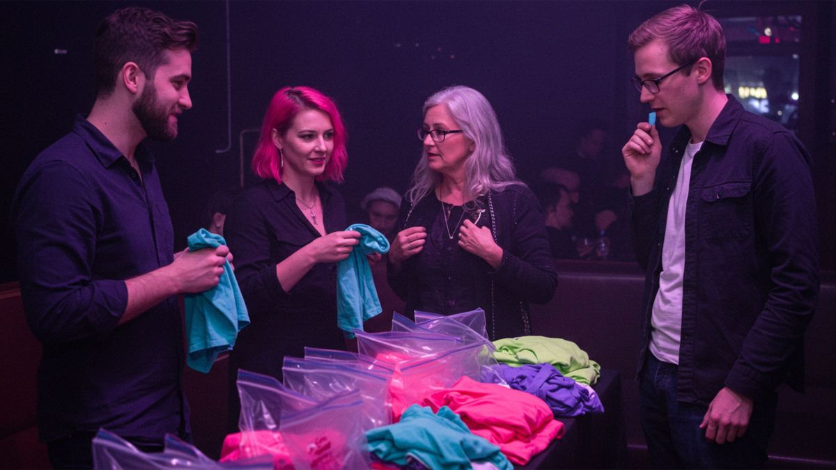 Men and women at a pheromone party smelling T-shirts and meeting through scent-based matchmaking.
